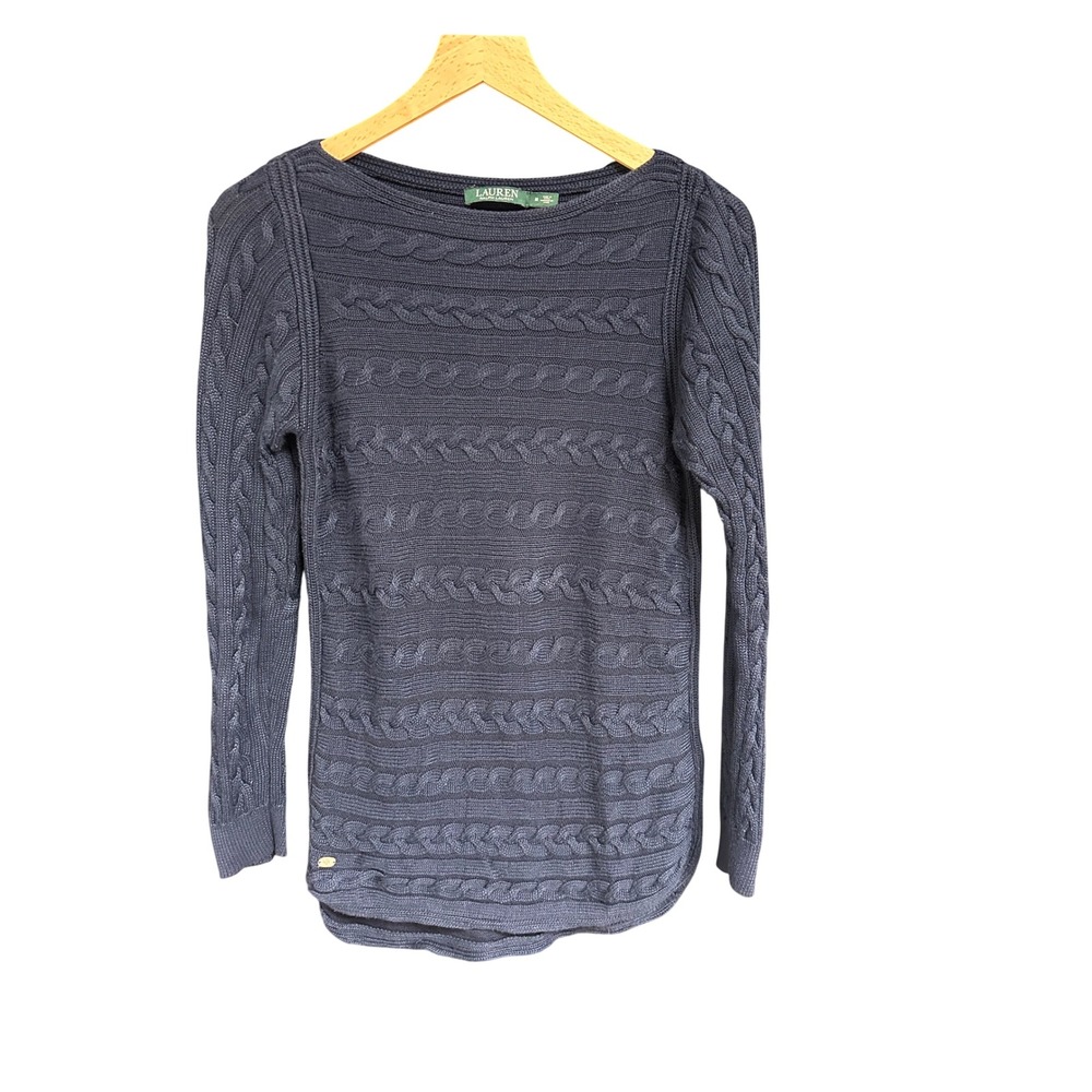 Lauren Ralph Lauren Navy Blue Cable Knit Boat Neck Sweater Size Medium Coastal
